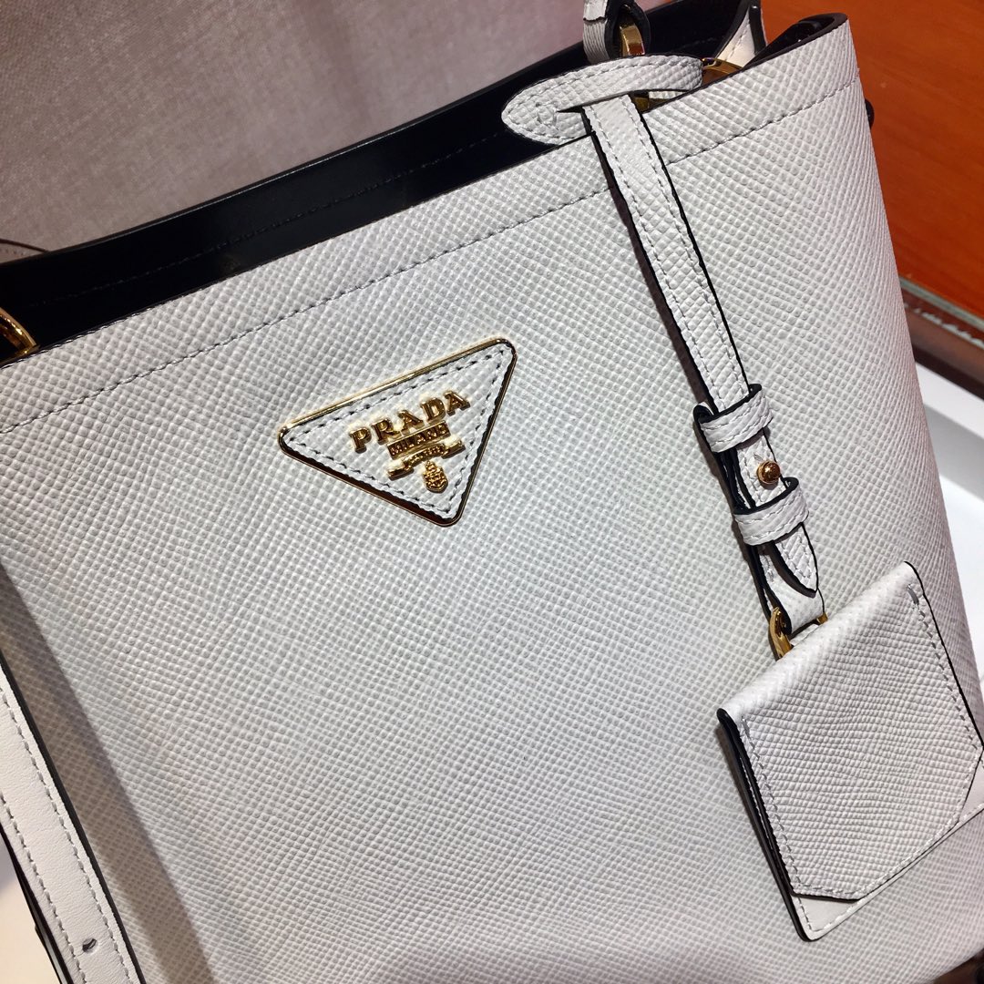 Prada Medium Panier Saffiano Leather Bag White/Black 1BA212